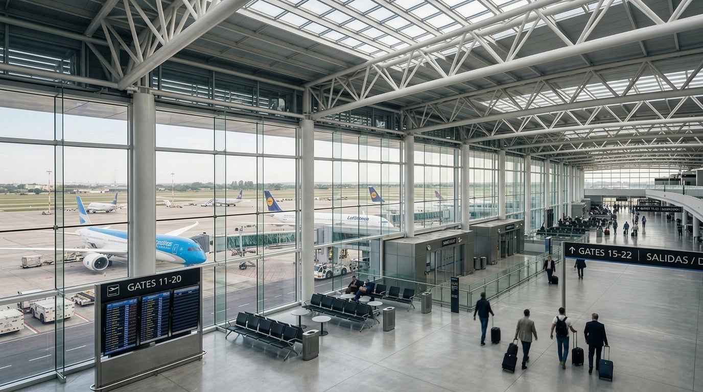 Sala de preembarque del Aeropuerto Internacional de Ezeiza con vista a los aviones de Aerolíneas Argentinas